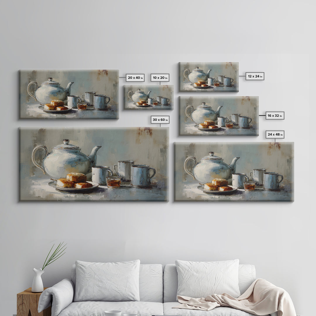 Porcelain Teapot and Scones Framed Canvas Print, Bed and Breakfast Art, Bed, Living Room Decor, Fine Art, Rustic Home Decor, BAB-2x1-80
