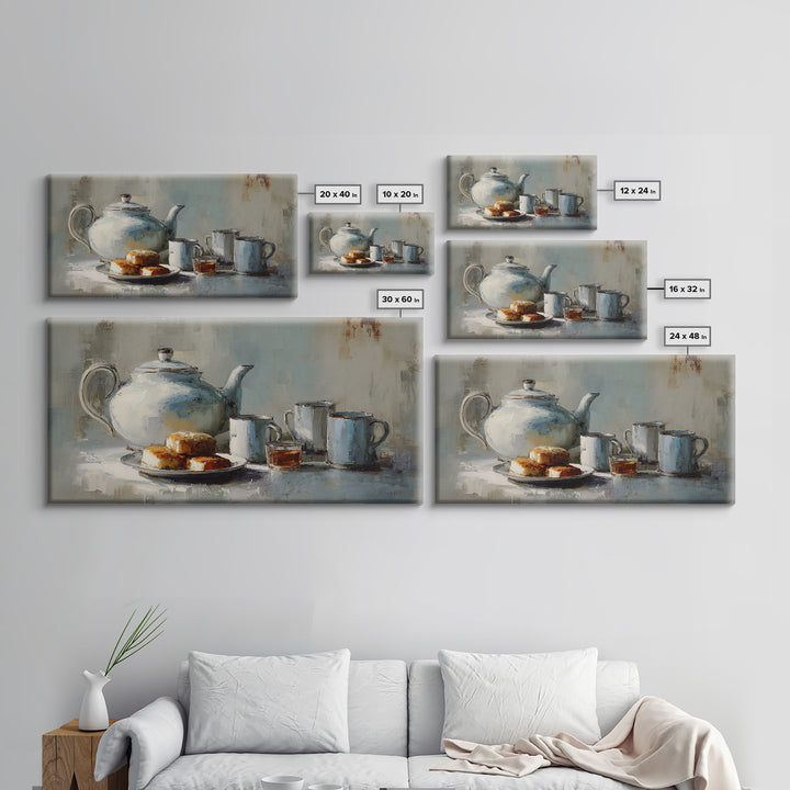 Porcelain Teapot and Scones Framed Canvas Print, Bed and Breakfast Art, Bed, Living Room Decor, Fine Art, Rustic Home Decor, BAB-2x1-80