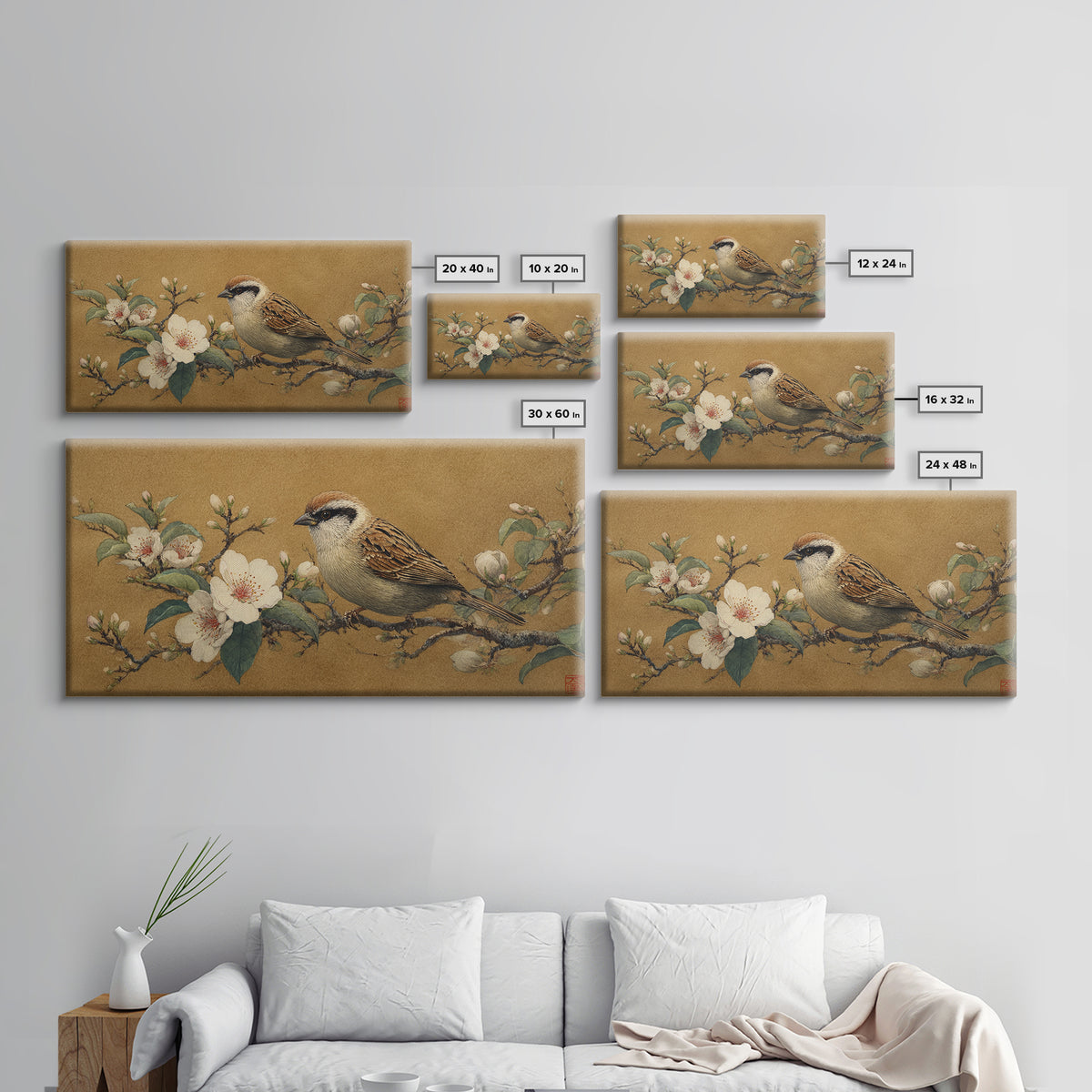 Small Bird on a Flowering Branch Canvas Print, Bed and Breakfast Art, Print, Living Room Decor, Watercolor Art, BAB-2x1-82