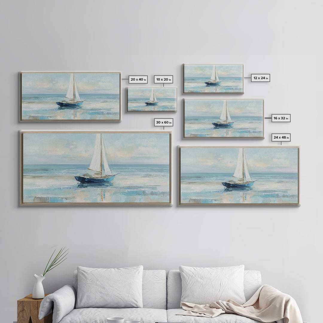 Coastal Inn Sailboat at Sunrise Framed Canvas Print, Bed and Breakfast Art, Dopamine Decor, Living Room Decor, Fine Art, BAB-2x1-85