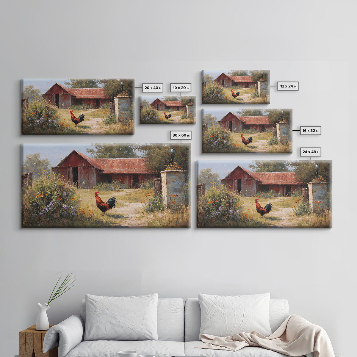 Rooster and Wildflower Country Portrait Canvas Print, Bed and Breakfast Art, Trendy Wall Art, Living Room Decor, BAB-2x1-87