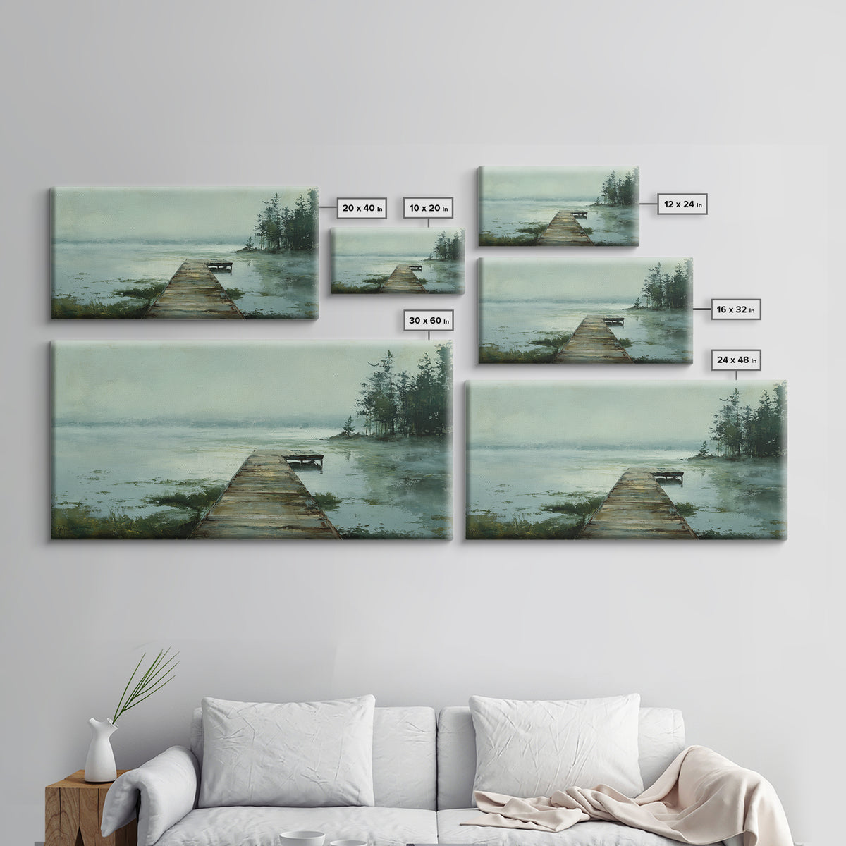Quiet Lake Dock at Early Morning Framed Canvas Print, Bed and Breakfast Art, Digital Art, Living Room Decor, Fine Art, BAB-2x1-90