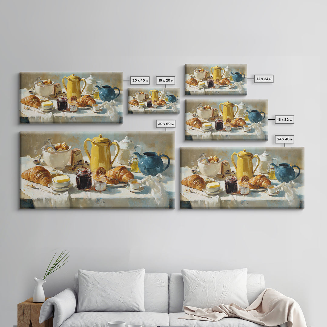 Fresh Croissants and Jam on a Linen Canvas Print, Bed and Breakfast Art, Printable, Living Room Decor, Fine Art, BAB-2x1-94