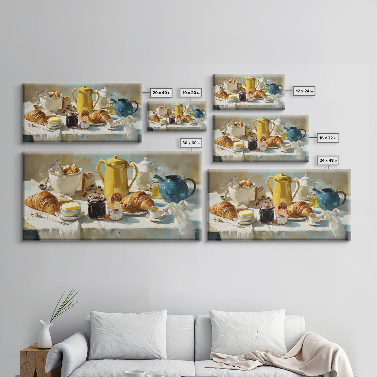 Fresh Croissants and Jam on a Linen Canvas Print, Bed and Breakfast Art, Printable, Living Room Decor, Fine Art, BAB-2x1-94