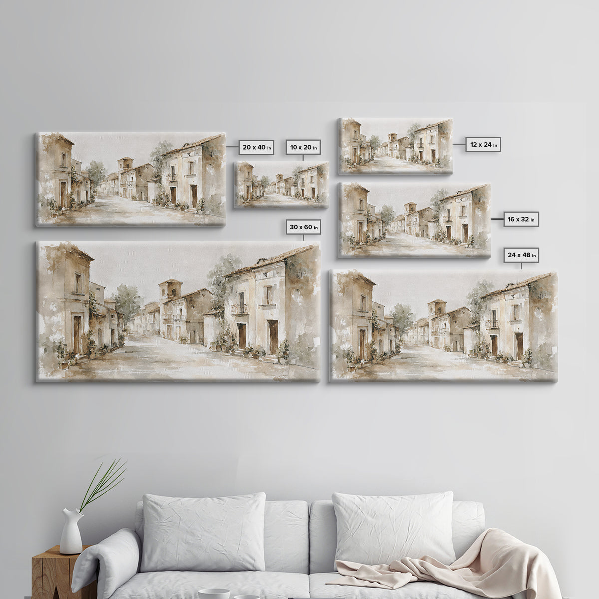 Soft Watercolor Village Street at Dawn Canvas Print, Bed and Breakfast Art, Bedroom Wall Art, Living Room Decor, BAB-2x1-97