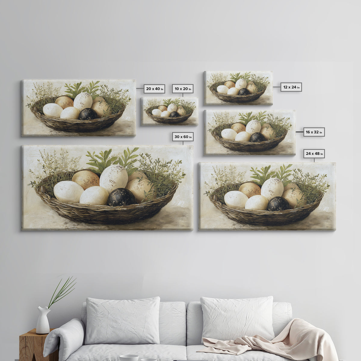 Fresh Eggs in a Woven Basket with Canvas Print, Bed and Breakfast Art, Printable Wall Art, Living Room Decor, Watercolor Art, BAB-2x1-98