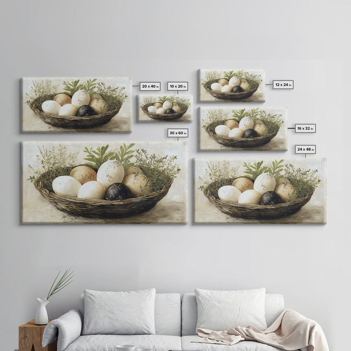 Fresh Eggs in a Woven Basket with Canvas Print, Bed and Breakfast Art, Printable Wall Art, Living Room Decor, Watercolor Art, BAB-2x1-98