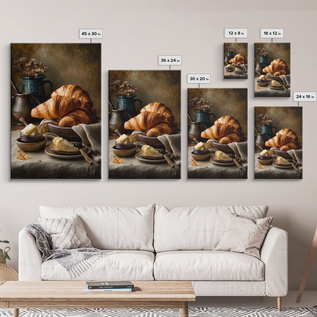 Fresh Croissants and Jam on a Linen Canvas Print, Bed and Breakfast Art, Contemporary Art, Living Room Decor, Abstract Art, BAB-2x3-10