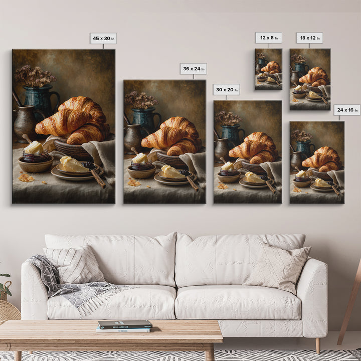 Fresh Croissants and Jam on a Linen Canvas Print, Bed and Breakfast Art, Contemporary Art, Living Room Decor, Abstract Art, BAB-2x3-10