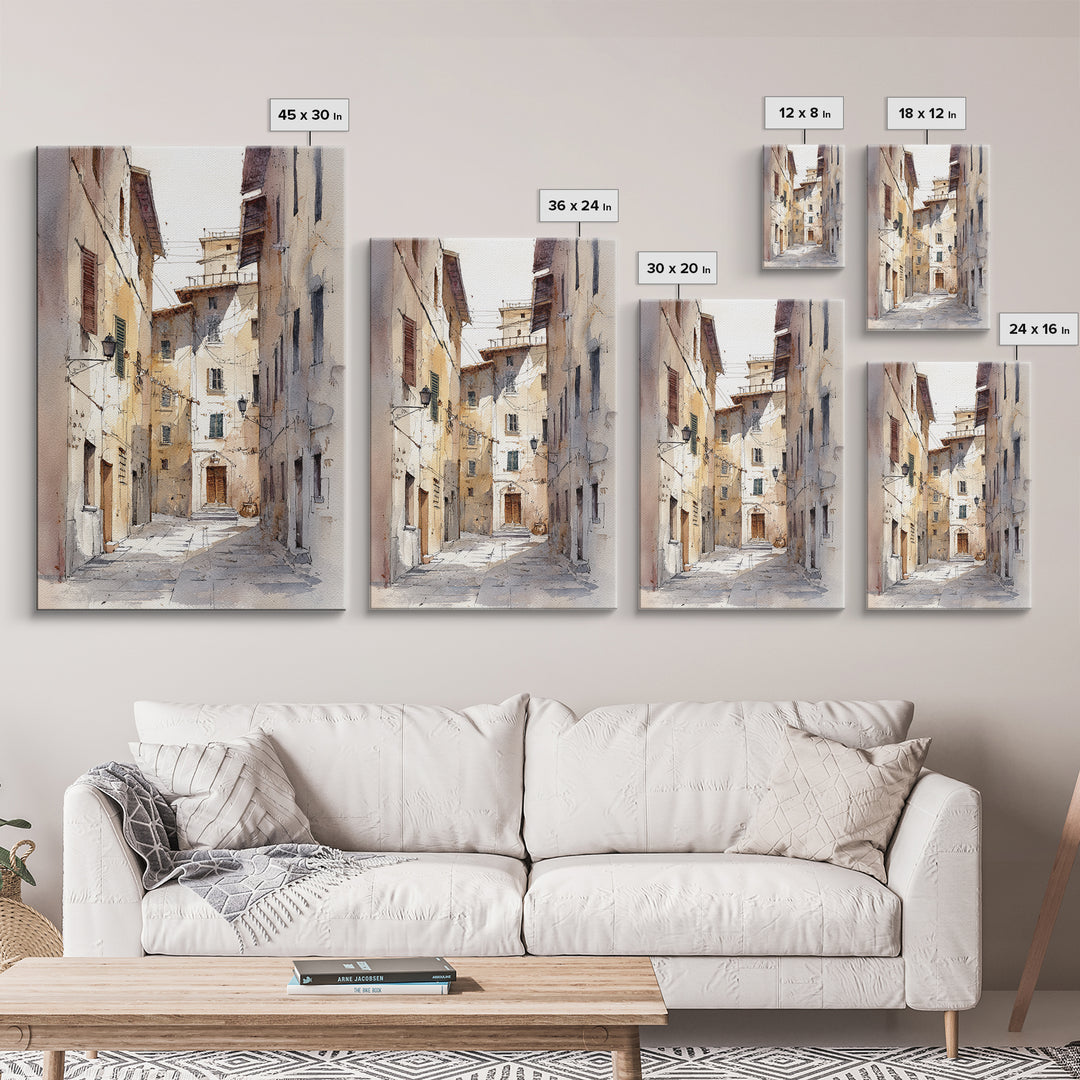 Soft Watercolor Village Street at Dawn Framed Canvas Print, Bed and Breakfast Art, Abstract Art, Living Room Decor, Fine Art, BAB-2x3-13