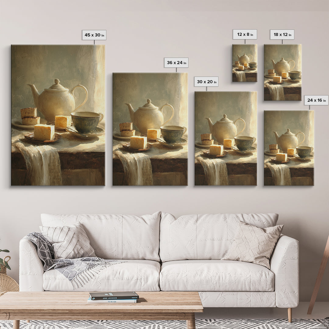 Porcelain Teapot and Scones Framed Canvas Print, Bed and Breakfast Art, Farmhouse Decor, Living Room Decor, Oil Painting, BAB-2x3-20
