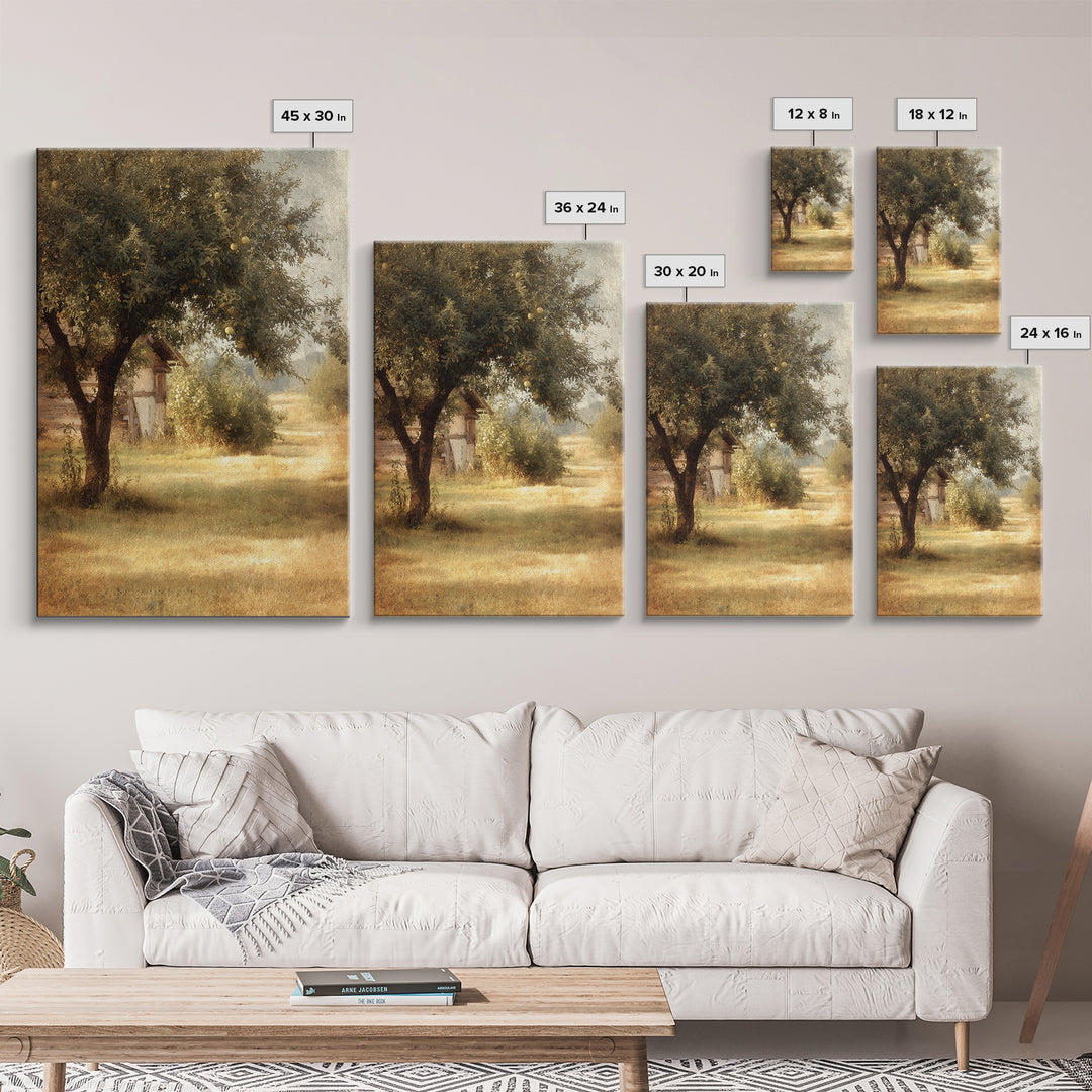 Apple Orchard Scene Framed Canvas Print, Bed and Breakfast Art, Digital Art, Living Room Decor, Oil Painting, BAB-2x3-21
