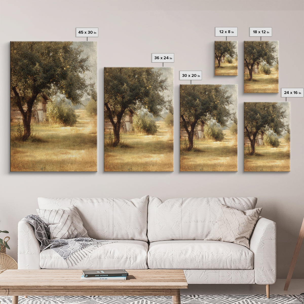 Apple Orchard Scene Framed Canvas Print, Bed and Breakfast Art, Digital Art, Living Room Decor, Oil Painting, BAB-2x3-21