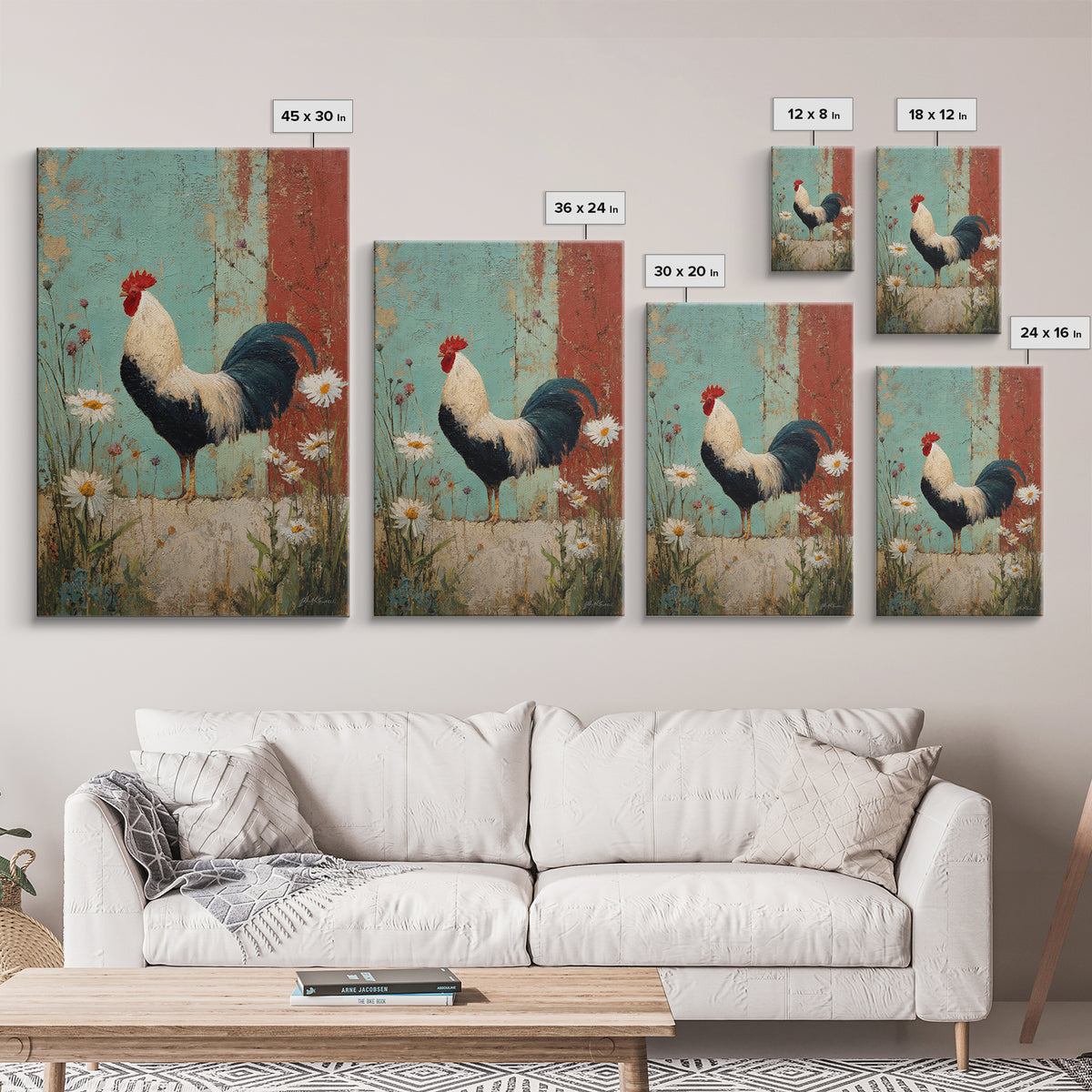 Rooster and Wildflower Country Portrait Canvas Print, Bed and Breakfast Art, Room Decor, Living Room Decor, Dopamine Decor, BAB-2x3-3
