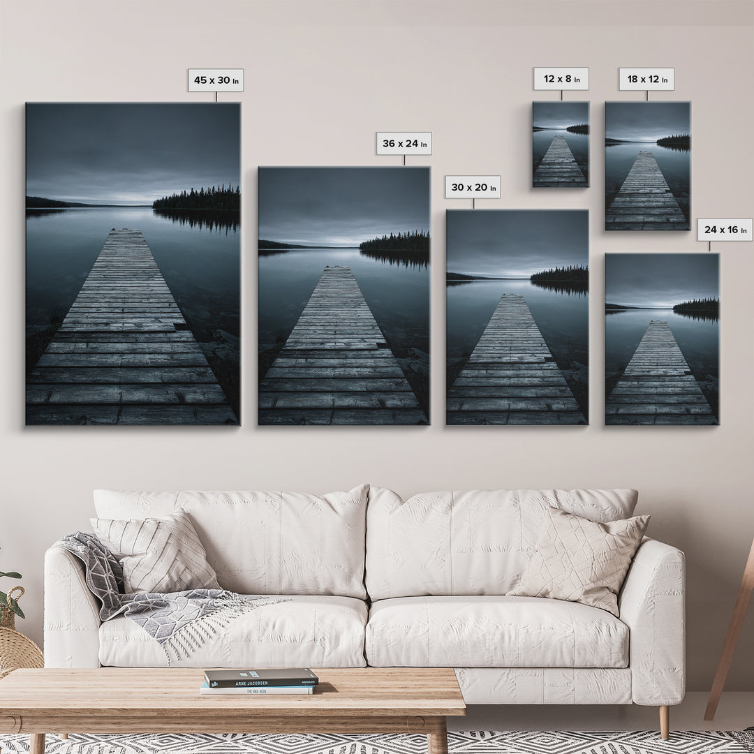 Quiet Lake Dock at Early Morning Framed Canvas Print, Bed and Breakfast Art, Minimalist Decor, Living Room Decor, Oil Painting, BAB-2x3-30