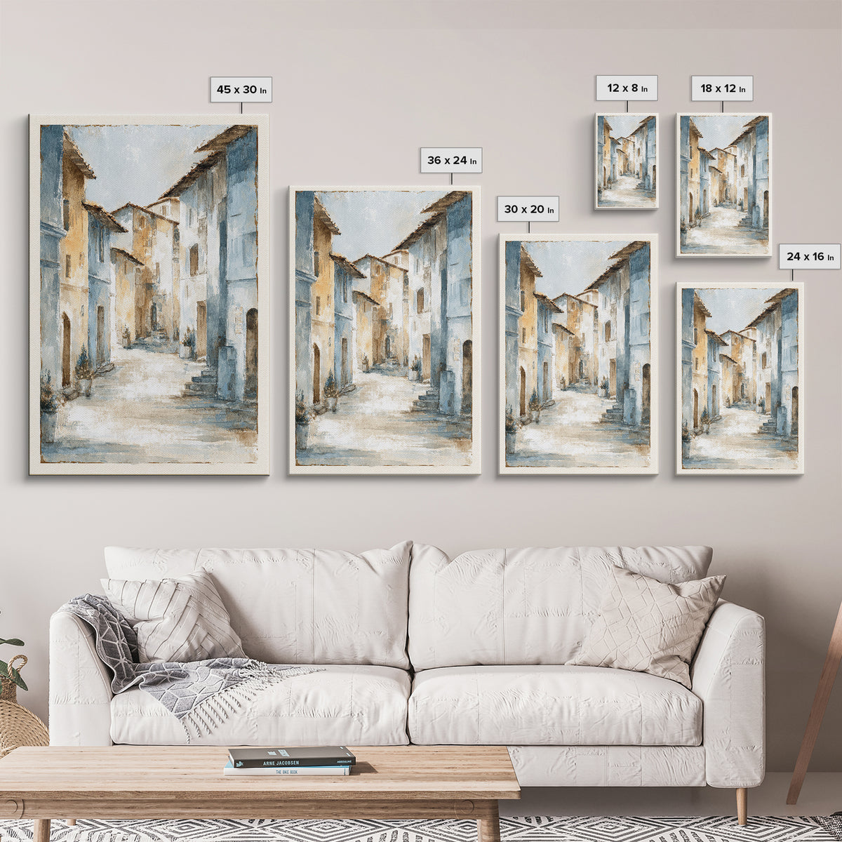 Soft Watercolor Village Street at Dawn Framed Canvas Print, Bed and Breakfast Art, Abstract Art, Living Room Decor, Fine Art, BAB-2x3-37