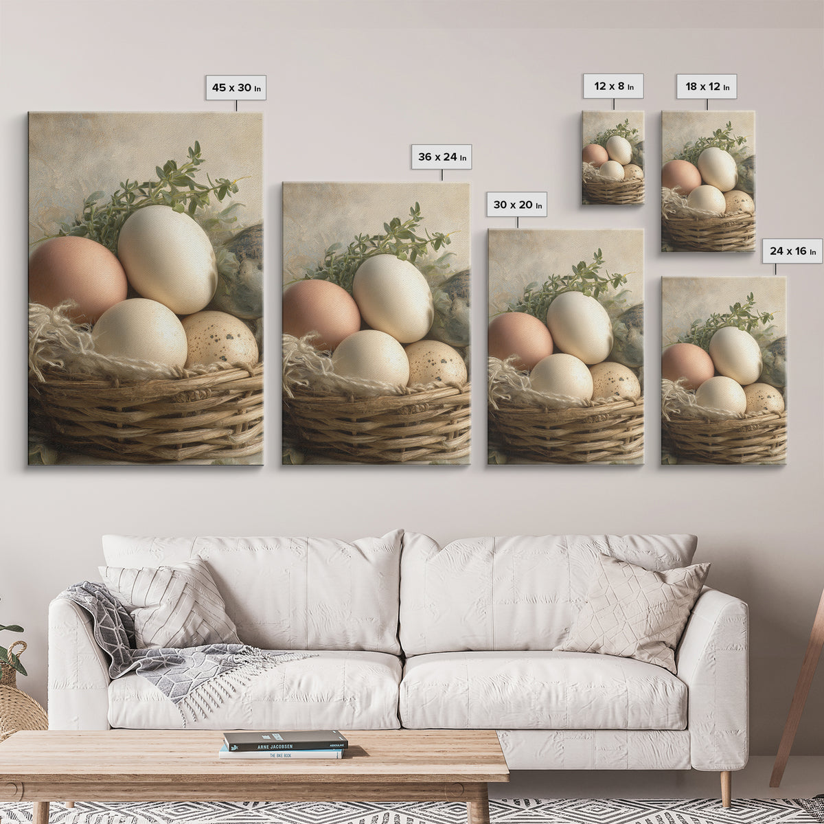 Fresh Eggs in a Woven Basket with Framed Canvas Print, Bed and Breakfast Art, Art Print, Living Room Decor, Fine Art, BAB-2x3-38