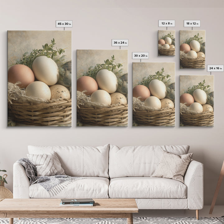 Fresh Eggs in a Woven Basket with Framed Canvas Print, Bed and Breakfast Art, Art Print, Living Room Decor, Fine Art, BAB-2x3-38