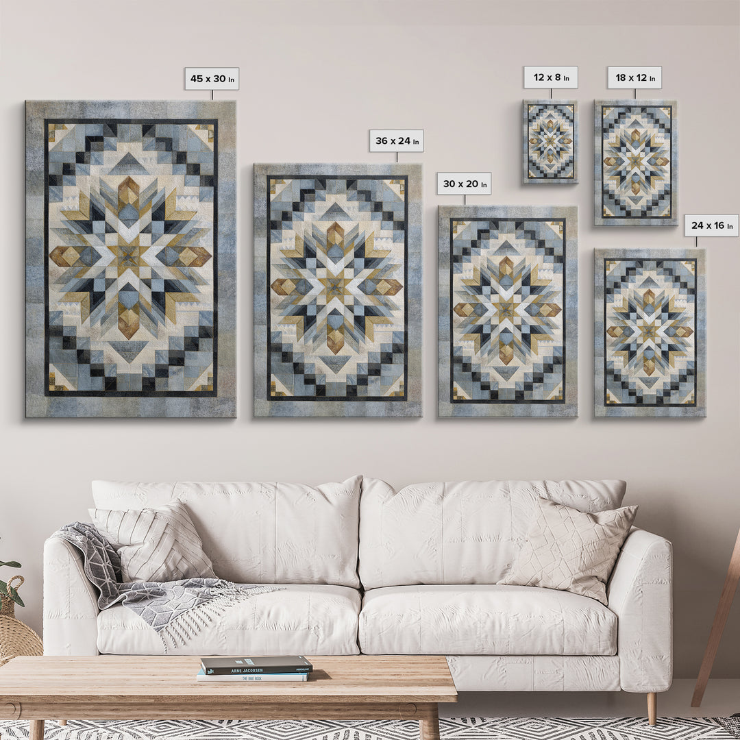 Quilt Pattern Folk Art Composition Framed Canvas Print, Bed and Breakfast Art, Abstract Art, Living Room Decor, Fine Art, BAB-2x3-43