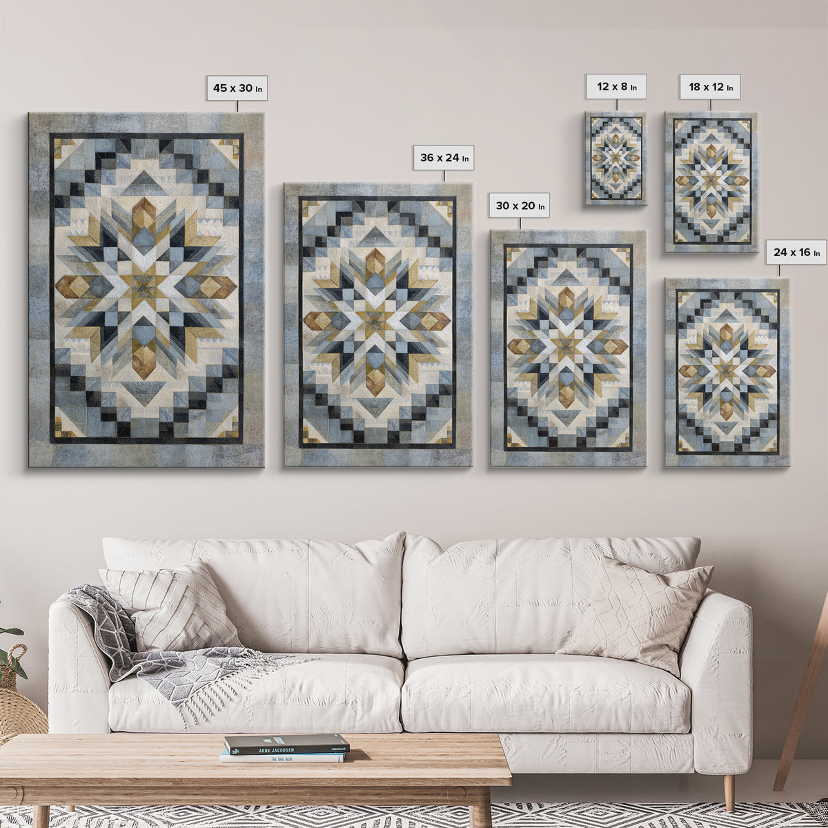 Quilt Pattern Folk Art Composition Framed Canvas Print, Bed and Breakfast Art, Abstract Art, Living Room Decor, Fine Art, BAB-2x3-43