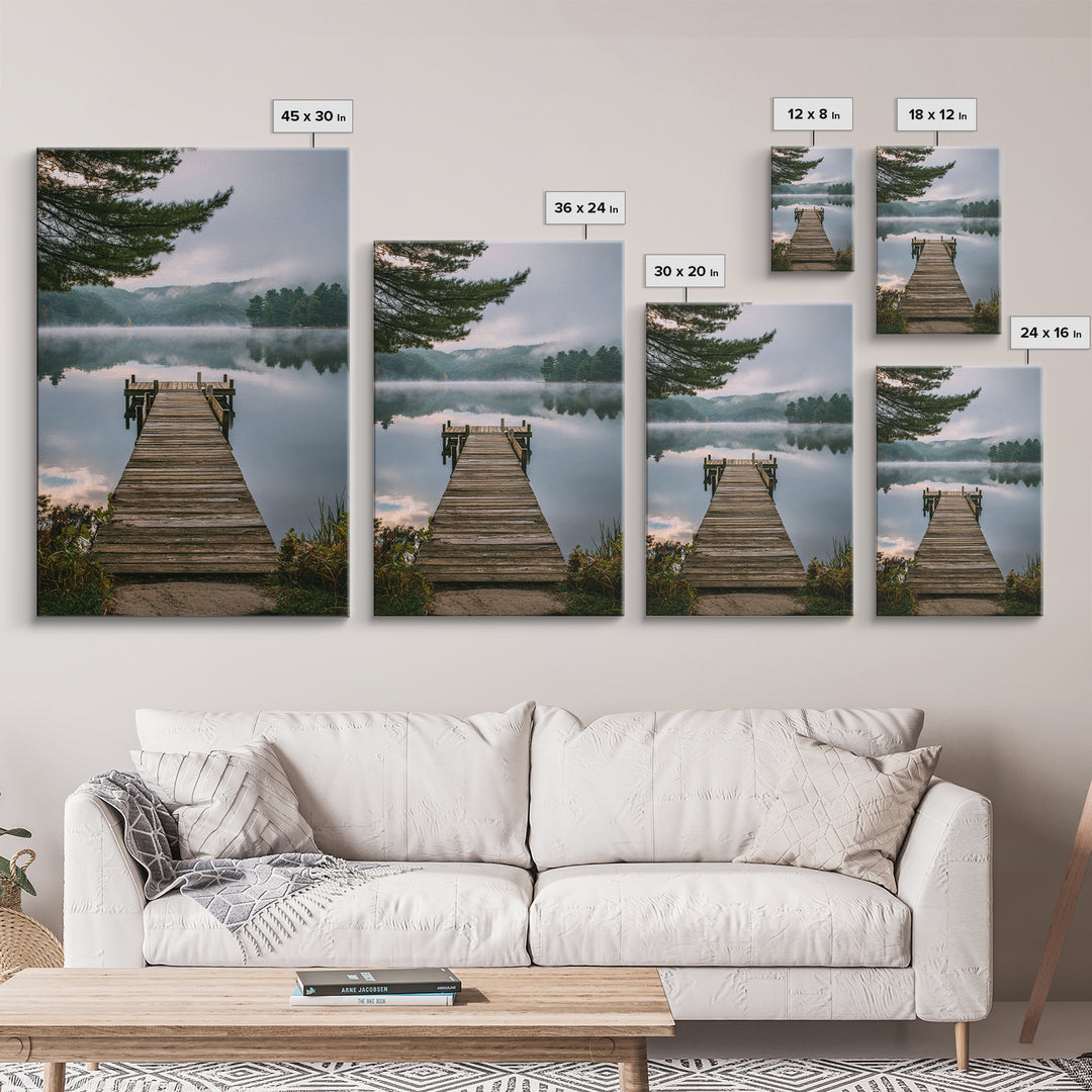 Quiet Lake Dock at Early Morning Framed Canvas Print, Bed and Breakfast Art, Minimalist Decor, Living Room Decor, Oil Painting, BAB-2x3-6