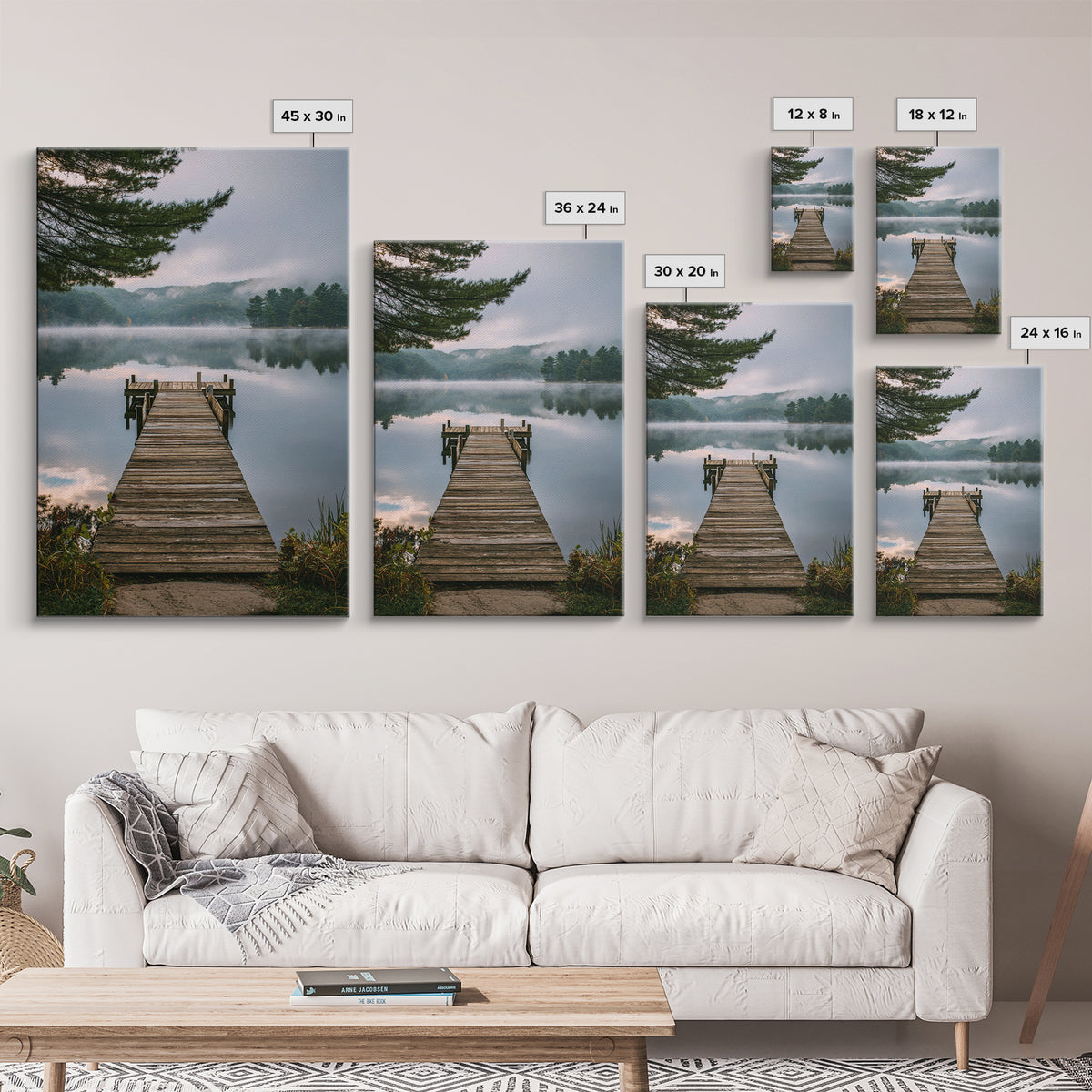 Quiet Lake Dock at Early Morning Framed Canvas Print, Bed and Breakfast Art, Minimalist Decor, Living Room Decor, Oil Painting, BAB-2x3-6