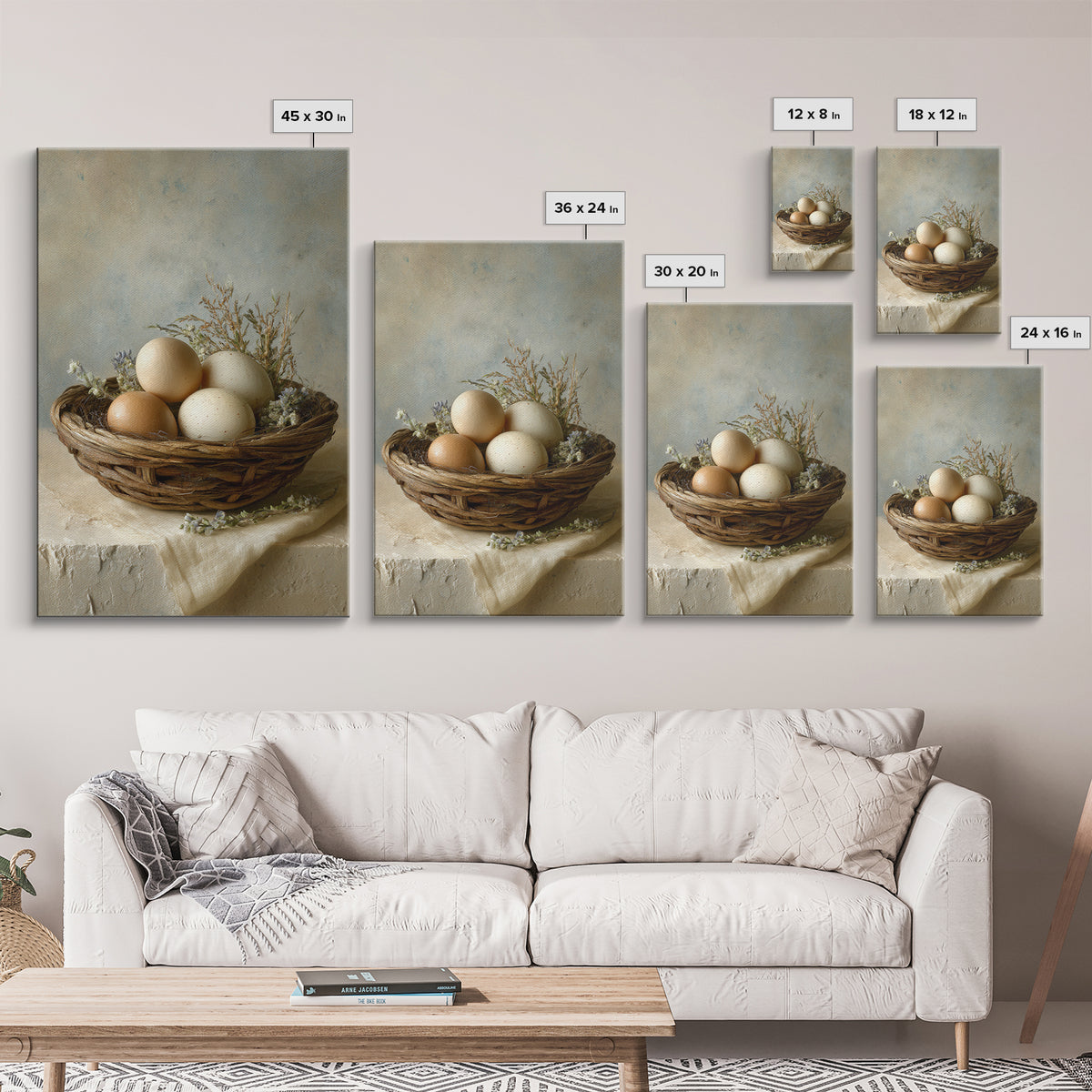 Fresh Eggs in a Woven Basket with Canvas Print, Bed and Breakfast Art, Bedroom Decor, Living Room Decor, Abstract Art, BAB-2x3-62