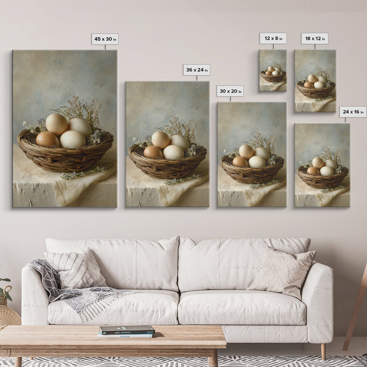 Fresh Eggs in a Woven Basket with Canvas Print, Bed and Breakfast Art, Bedroom Decor, Living Room Decor, Abstract Art, BAB-2x3-62