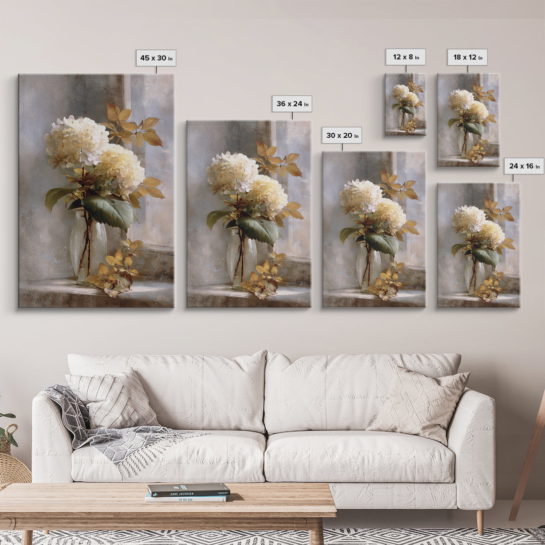 Sunlit Hydrangeas on a Windowsill Canvas Print, Bed and Breakfast Art, Digital Art, Living Room Decor, Oil Painting, BAB-2x3-66