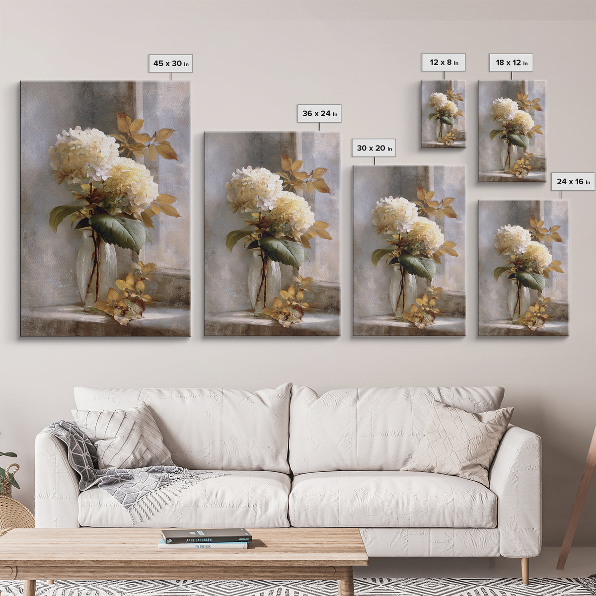Sunlit Hydrangeas on a Windowsill Canvas Print, Bed and Breakfast Art, Digital Art, Living Room Decor, Oil Painting, BAB-2x3-66