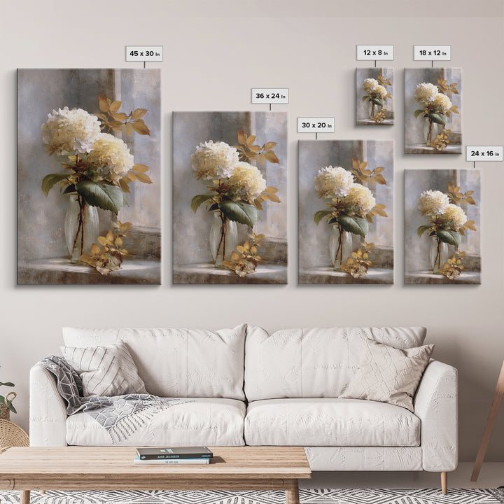 Sunlit Hydrangeas on a Windowsill Canvas Print, Bed and Breakfast Art, Digital Art, Living Room Decor, Oil Painting, BAB-2x3-66