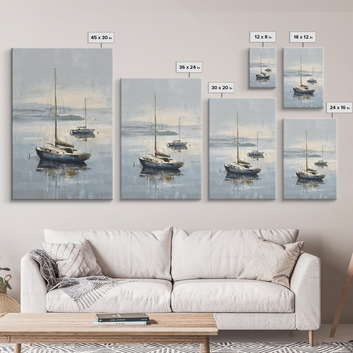 Coastal Inn Sailboat at Sunrise Framed Canvas Print, Bed and Breakfast Art, Bedroom Wall Art, Living Room Decor, Fine Art, BAB-2x3-73