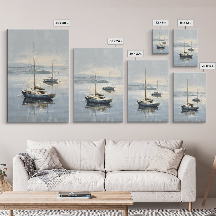 Coastal Inn Sailboat at Sunrise Framed Canvas Print, Bed and Breakfast Art, Bedroom Wall Art, Living Room Decor, Fine Art, BAB-2x3-73