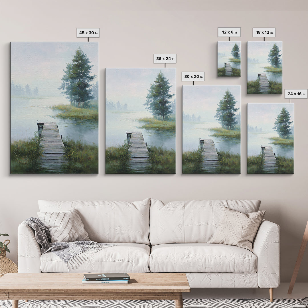 Quiet Lake Dock at Early Morning Framed Canvas Print, Bed and Breakfast Art, Canvas Wall Art, Living Room Decor, Fine Art, BAB-2x3-78