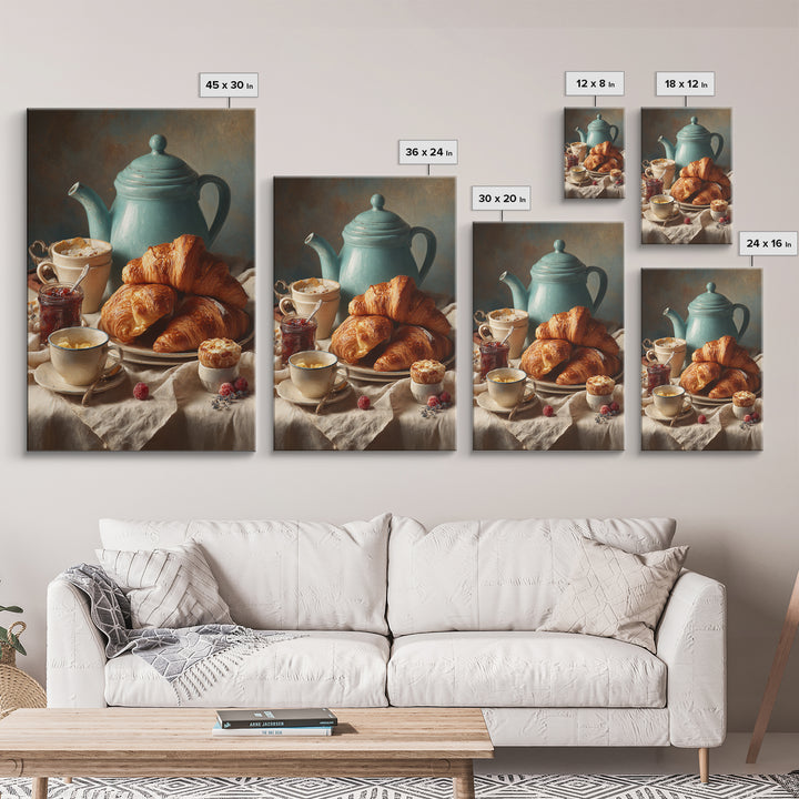 Fresh Croissants and Jam on a Linen Canvas Print, Bed and Breakfast Art, Abstract Art, Living Room Decor, Coffee Art, BAB-2x3-82