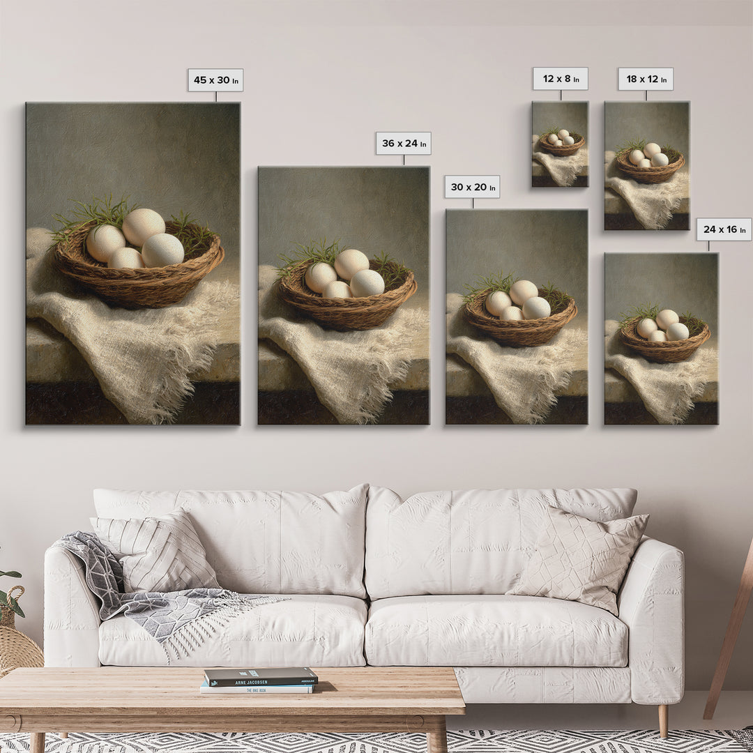 Fresh Eggs in a Woven Basket with Canvas Print, Bed and Breakfast Art, Bedroom Decor, Living Room Decor, Abstract Art, BAB-2x3-86