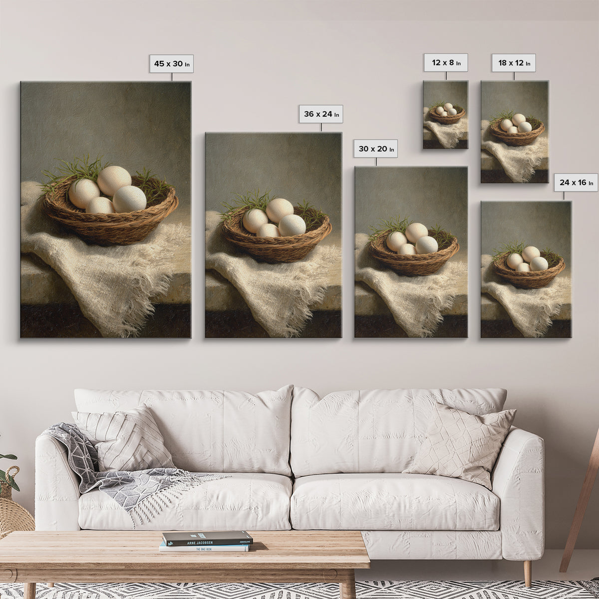 Fresh Eggs in a Woven Basket with Canvas Print, Bed and Breakfast Art, Bedroom Decor, Living Room Decor, Abstract Art, BAB-2x3-86