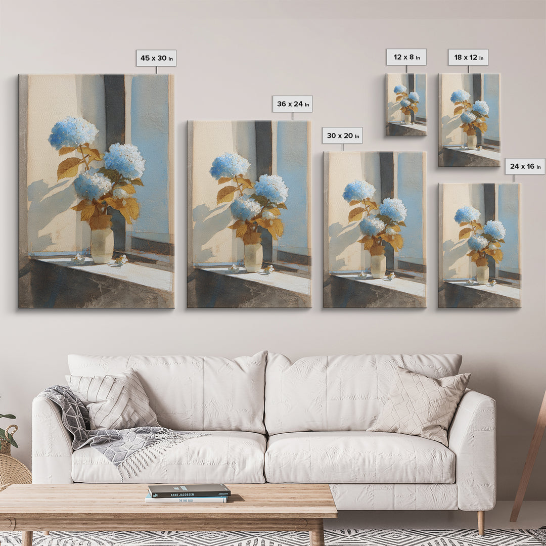 Sunlit Hydrangeas on a Windowsill Framed Canvas Print, Bed and Breakfast Art, Wood Wall Art, Living Room Decor, Fine Art, BAB-2x3-90