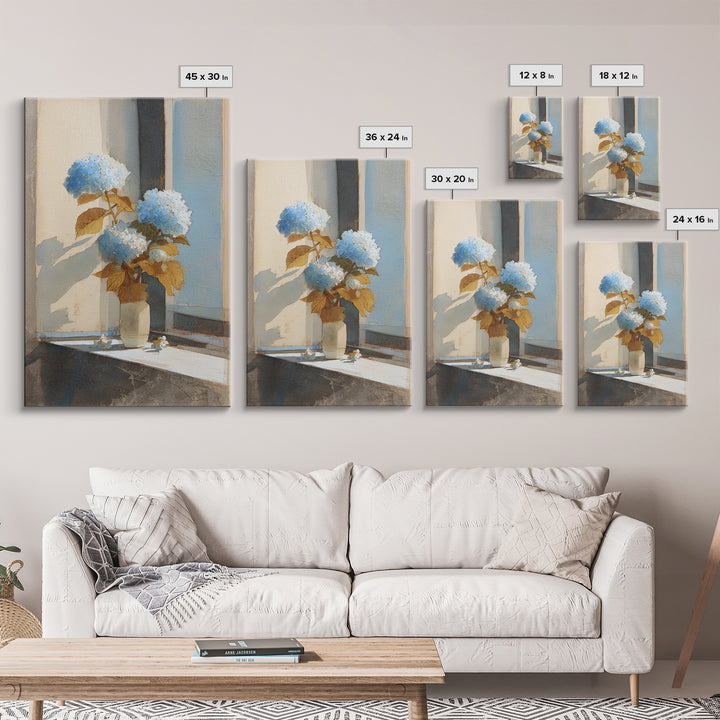 Sunlit Hydrangeas on a Windowsill Framed Canvas Print, Bed and Breakfast Art, Wood Wall Art, Living Room Decor, Fine Art, BAB-2x3-90