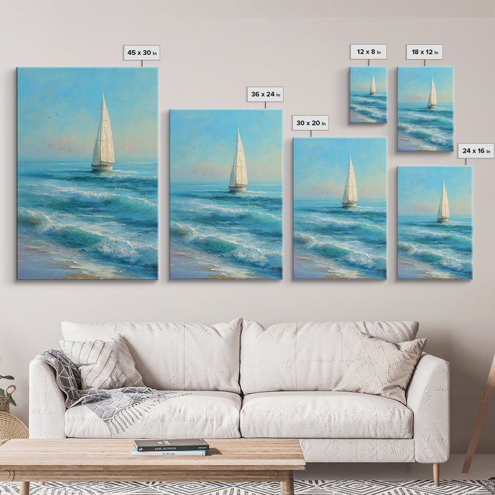 Coastal Inn Sailboat at Sunrise Framed Canvas Print, Bed and Breakfast Art, Bedroom Wall Art, Living Room Decor, Fine Art, BAB-2x3-97