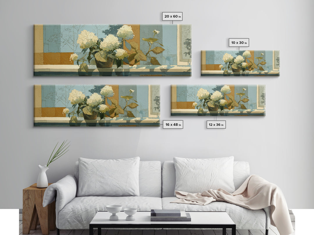 Sunlit Hydrangeas on a Windowsill Framed Canvas Print, Bed and Breakfast Art, Canvas Wall Art, Living Room Decor, Fine Art, BAB-3x1-2
