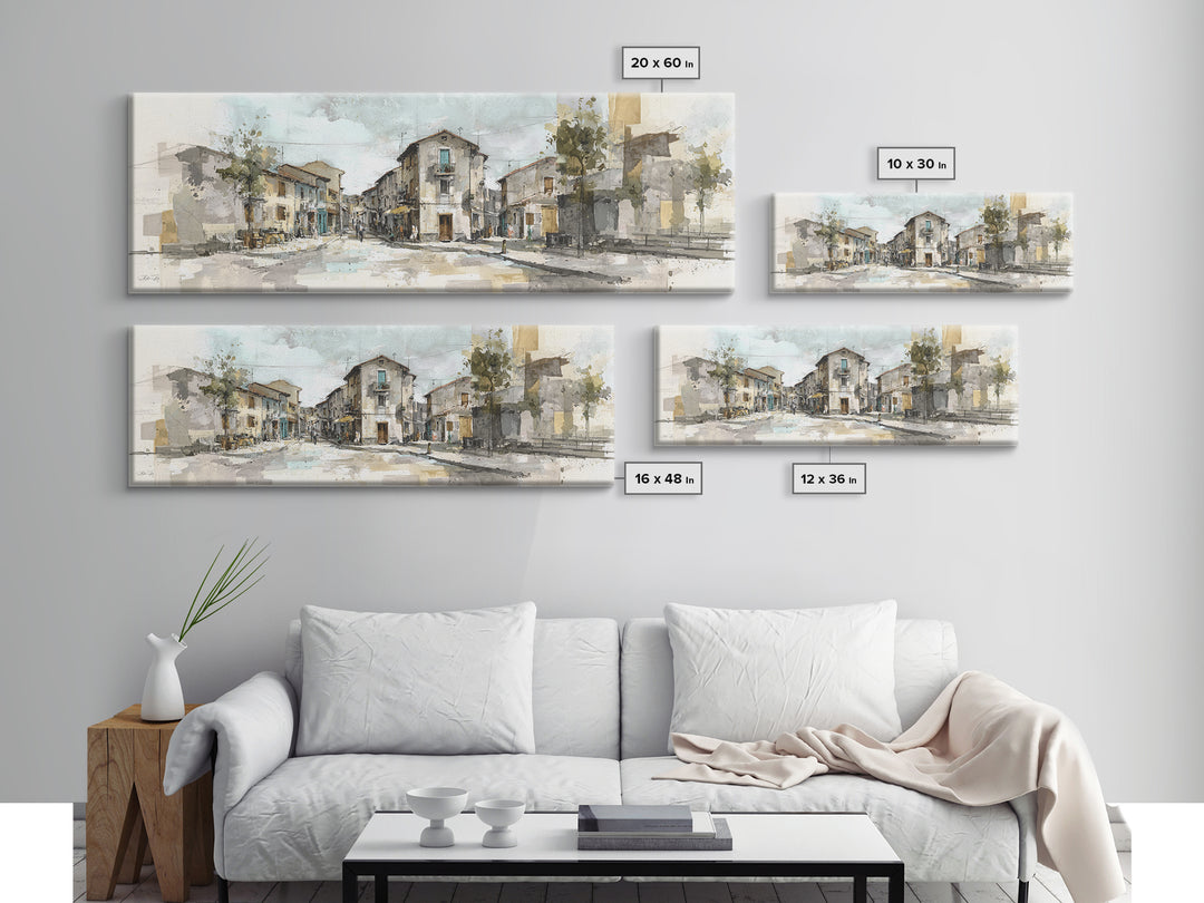 Soft Watercolor Village Street at Dawn Canvas Print, Bed and Breakfast Art, Farmhouse Wall Art, Living Room Decor, Fine Art, BAB-3x1-21