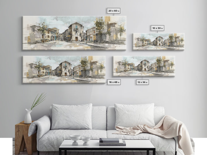 Soft Watercolor Village Street at Dawn Canvas Print, Bed and Breakfast Art, Farmhouse Wall Art, Living Room Decor, Fine Art, BAB-3x1-21