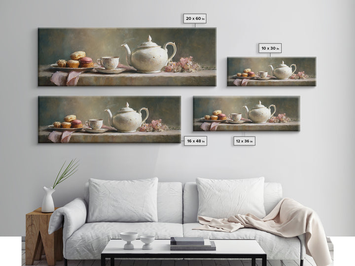 Porcelain Teapot and Scones Framed Canvas Print, Bed and Breakfast Art, Bedroom Art, Living Room Decor, Oil Painting, BAB-3x1-28