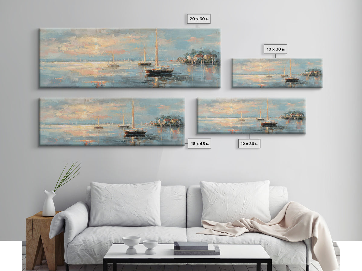 Coastal Inn Sailboat at Sunrise Canvas Print, Bed and Breakfast Art, Above Bed Decor, Living Room Decor, Fine Art, BAB-3x1-33