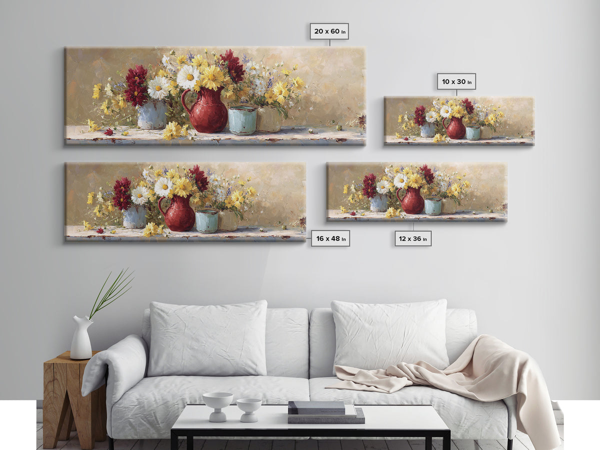 Country Wildflowers in a Chipped Ceramic Pitcher Canvas Print, Bed and Breakfast Art, Rustic Home Decor, Living Room Decor, BAB-3x1-41