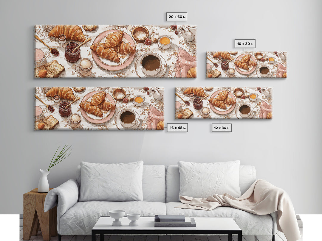 Fresh Croissants and Jam on a Linen Canvas Print, Bed and Breakfast Art, Bedroom Wall Art, Living Room Decor, Abstract Art, BAB-3x1-42