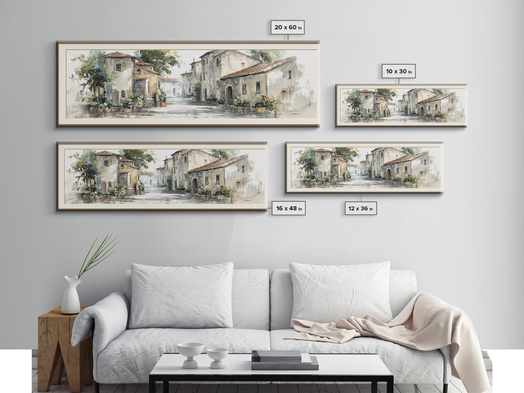 Soft Watercolor Village Street at Dawn Canvas Print, Bed and Breakfast Art, Farmhouse Wall Art, Living Room Decor, Fine Art, BAB-3x1-45