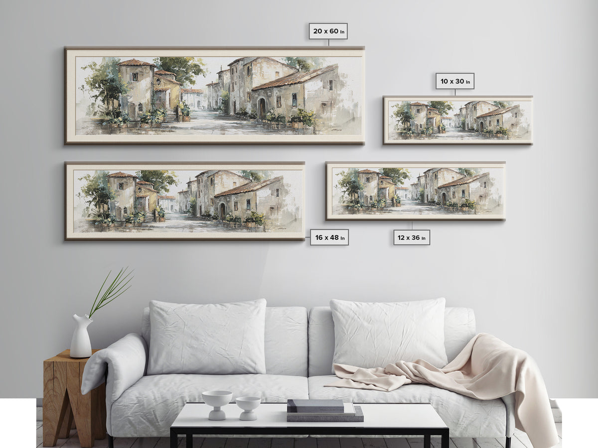 Soft Watercolor Village Street at Dawn Canvas Print, Bed and Breakfast Art, Farmhouse Wall Art, Living Room Decor, Fine Art, BAB-3x1-45