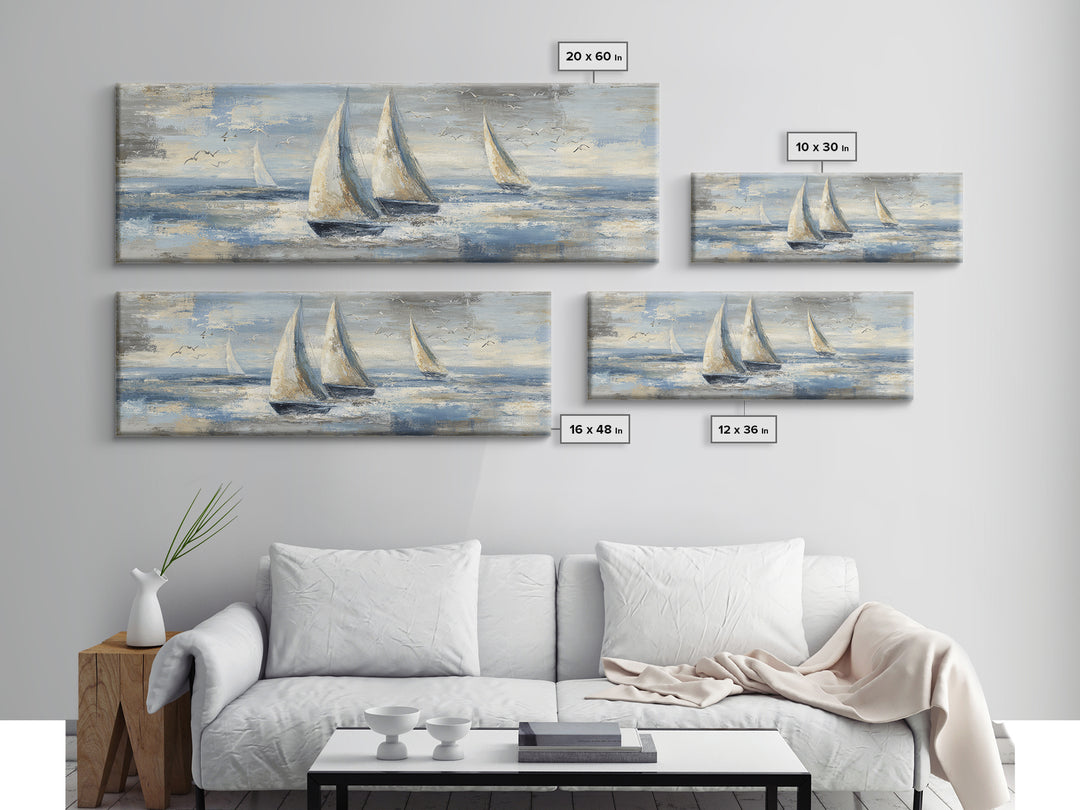 Coastal Inn Sailboat at Sunrise Framed Canvas Print, Bed and Breakfast Art, Folk Art, Living Room Decor, Fine Art, BAB-3x1-57